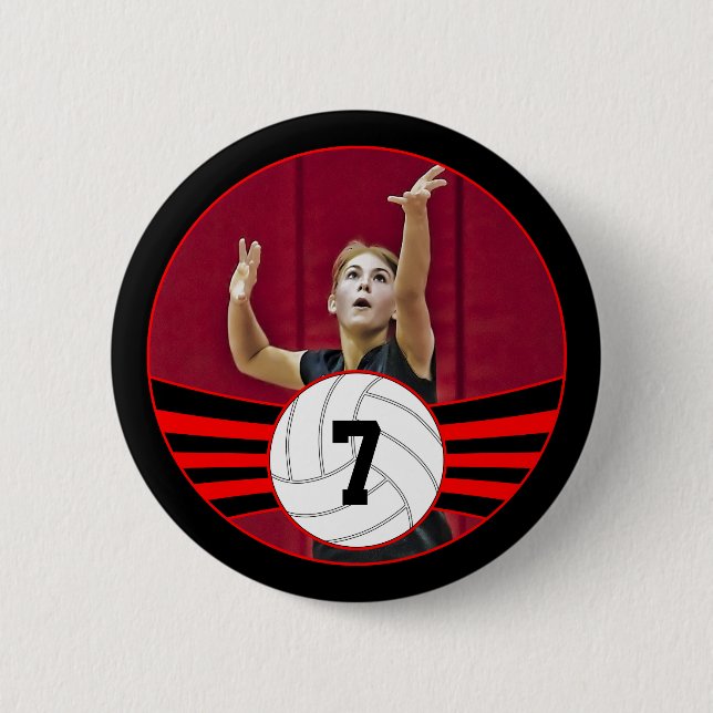 Red & Black Volleyball Photo & Jersey Number 2 Inch Round Button (Front)