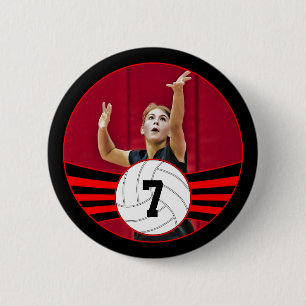 Red & Black Volleyball Photo & Jersey Number 2 Inch Round Button