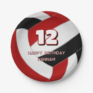 red black volleyballs birthday or team party paper plate