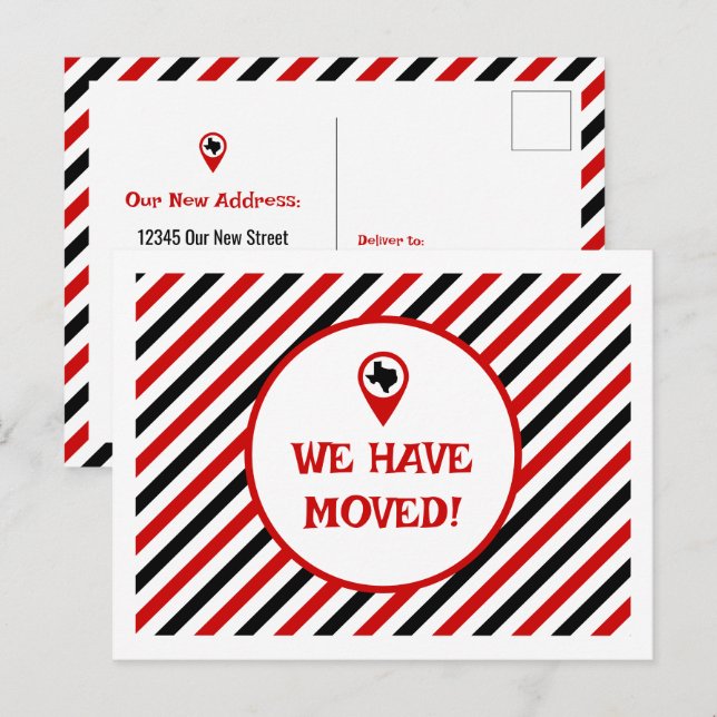 Red & Black We Have Moved Striped Moving  Postcard (Front/Back)