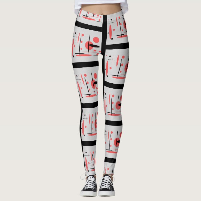 Red, Black & White Abstract Leggings (Front)
