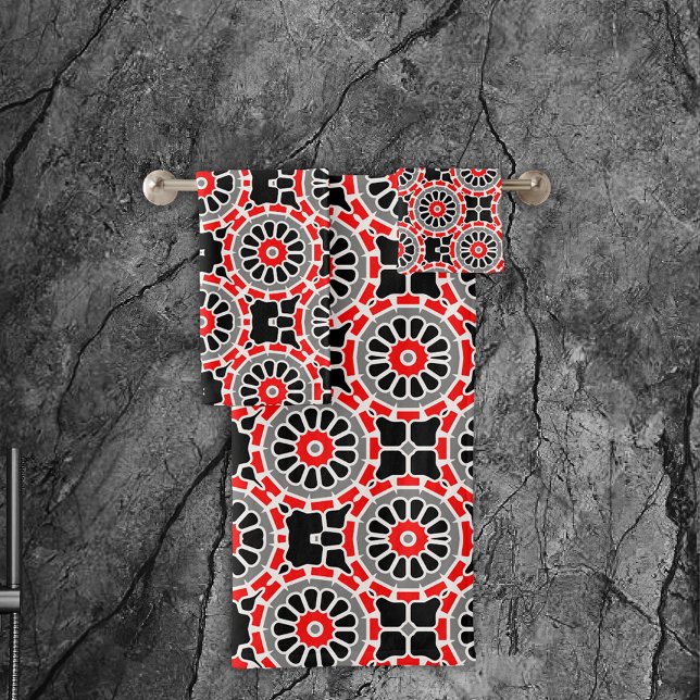 Red Black White and Grey Mosaic Geometric Pattern  Bath Towel Set (Creator Uploaded)