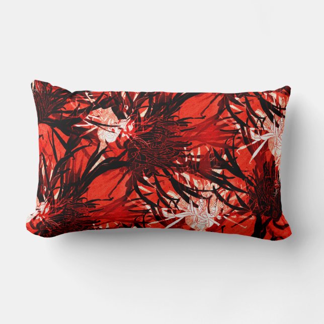Red Black & White Artistic Abstract Floral Pattern Lumbar Pillow (Front)