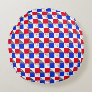 Red black white & blue geometric pattern aesthetic round pillow