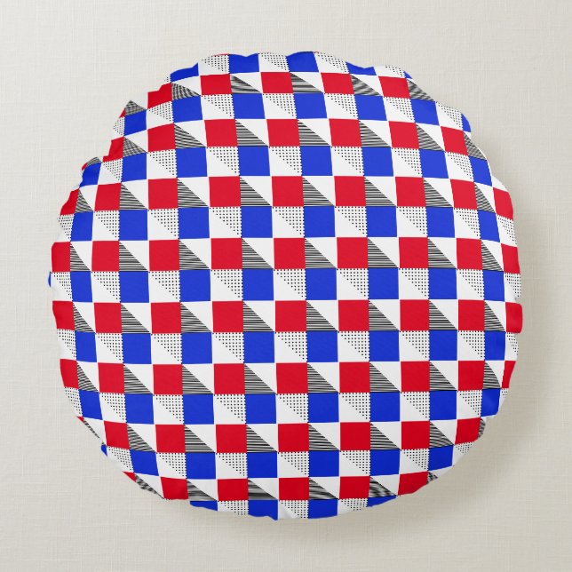Red black white & blue geometric pattern aesthetic round pillow (Front)