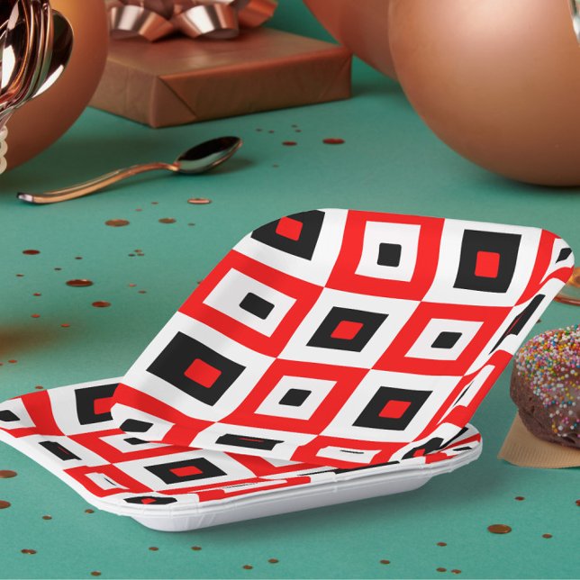 Red Black White Checkered Squares Pattern Design Paper Plate (Creator Uploaded)