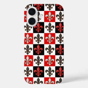 Red Black White Chequered Fleur-de-lis Design  iPhone 16 Case