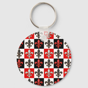 Red Black White Chequered Fleur-de-lis Design Keychain