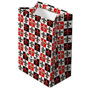 Red Black White Chequered Fleur-de-lis Design  Medium Gift Bag