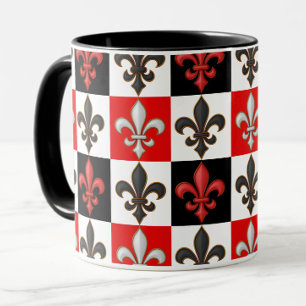 Red Black White Chequered Fleur-de-lis Design Mug