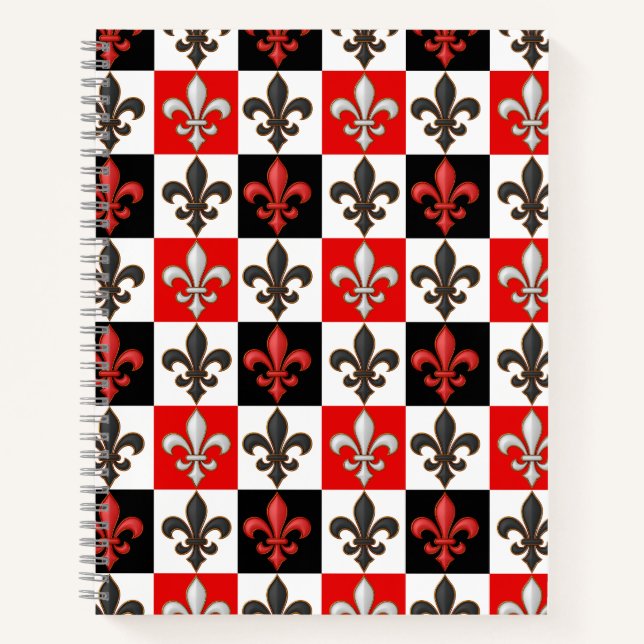 Red Black White Chequered Fleur-de-lis Design  Notebook (Front)
