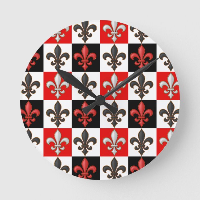Red Black White Chequered Fleur-de-lis Design  Round Clock (Front)