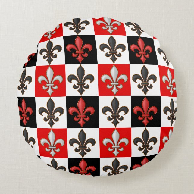 Red Black White Chequered Fleur-de-lis Design  Round Pillow (Front)