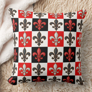 Red Black White Chequered Fleur-de-lis Design  Throw Pillow