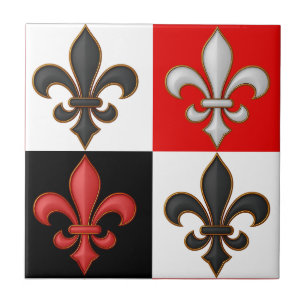 Red Black White Chequered Fleur-de-lis Design  Tile