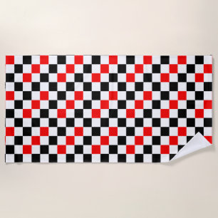 Red Black White Chequered Pattern Design Beach Towel