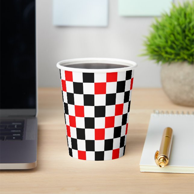 Red Black White Chequered Pattern Design  Paper Cups (Insitu)