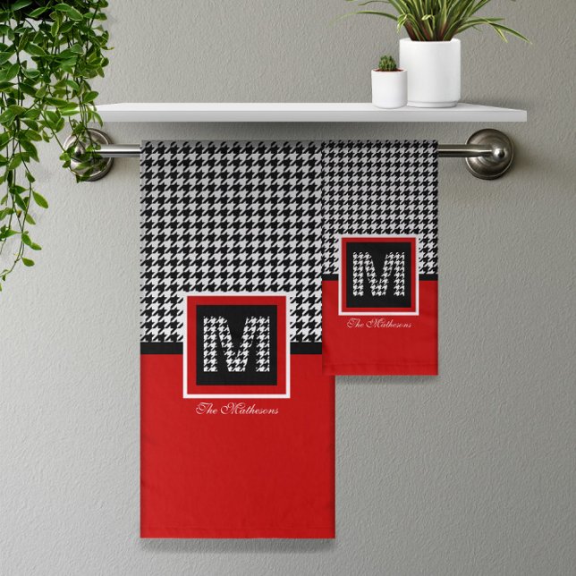 Red Black White Ⓜ Classic Houndstooth Monogram Bath Towel Set (Classic Houndstooth & Monogram | Red Black White Bath Towel Set -- Try Your Monogram On Screen Now!
)