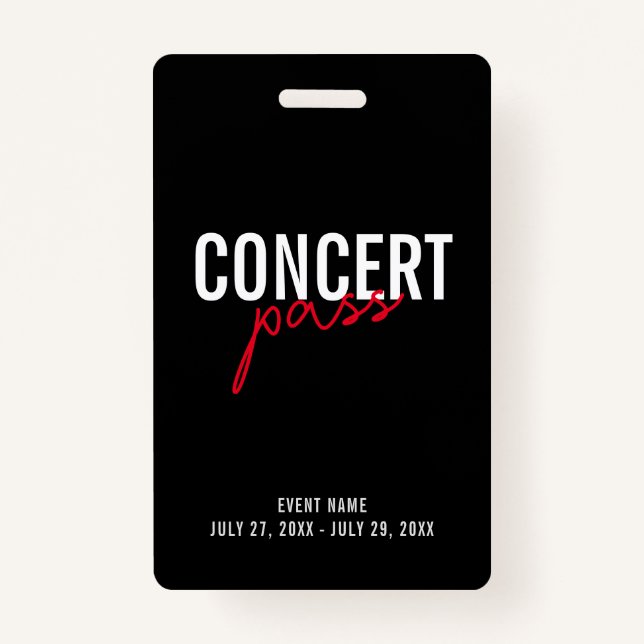 Red Black & White Concert Pass Custom ID Badge (Front)