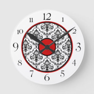 Red Black & White Damask Elegant Round Clock