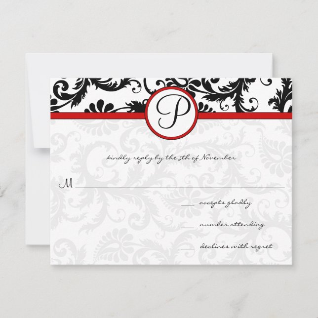 Red Black White Damask Floral Swirl RSVP Cards (Front)