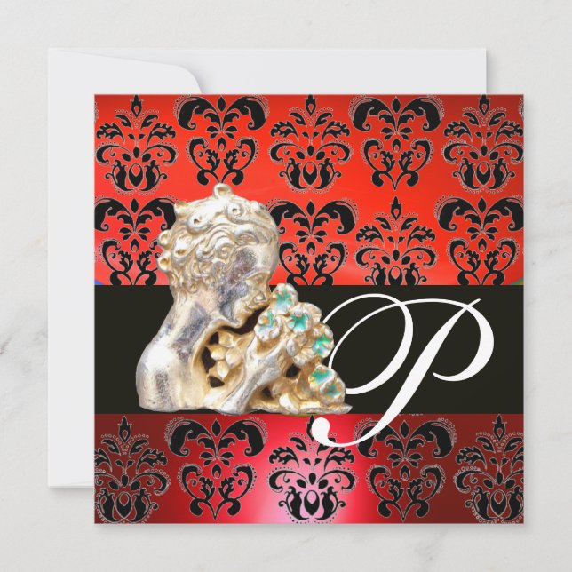RED ,BLACK, WHITE DAMASK JEWEL MONOGRAM INVITATION (Front)