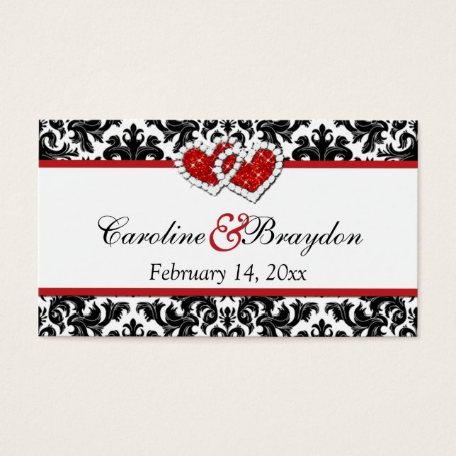 Red Black White Damask Joined Hearts Favour Tag (Front)
