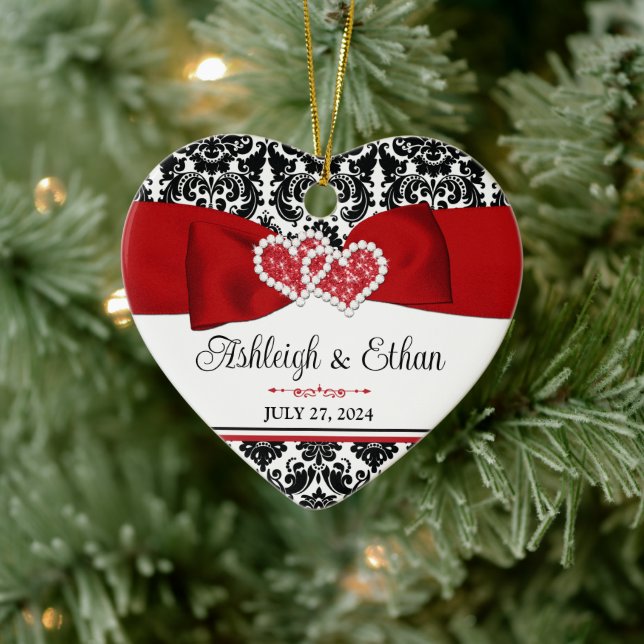 Red, Black, White Damask Love Hearts Wedding Ceramic Ornament (Tree)