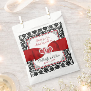 Red, Black, White Damask Love Hearts Wedding Favour Bag
