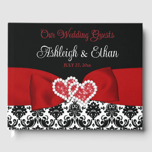 Red, Black, White Damask Love Hearts Wedding Guest Book