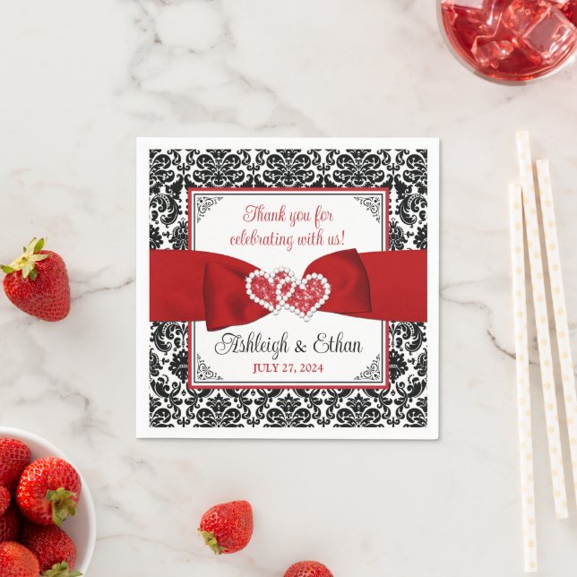 Red, Black, White Damask Love Hearts Wedding Napkin (Insitu)
