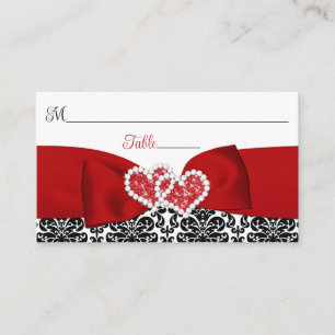 Red, Black, White Damask Love Hearts Wedding Place Card