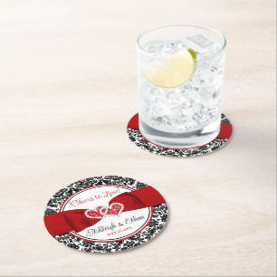 Red, Black, White Damask Love Hearts Wedding Round Paper Coaster