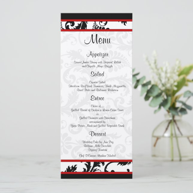 Red Black White Damask Monogram Menu (Standing Front)