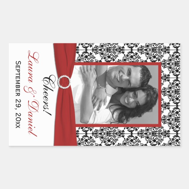 Red, Black, White Damask Photo Wine Label Sticker (Front)