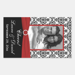 Red, Black, White Damask Photo Wine Label Sticker