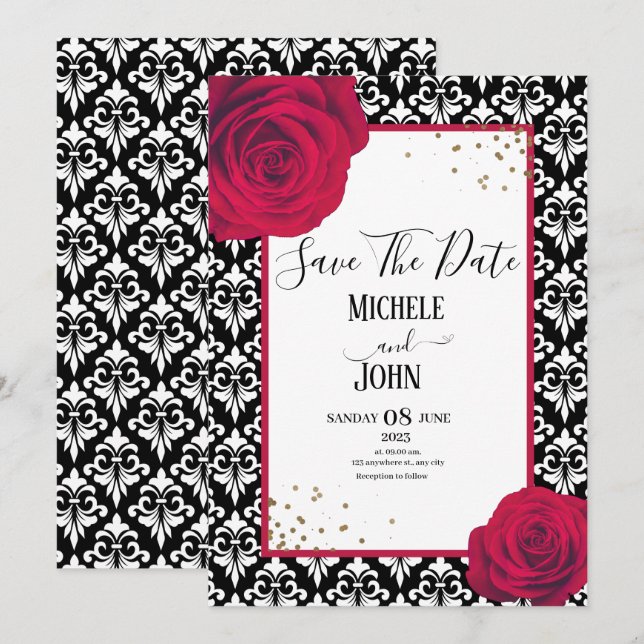 Red Black & White damask save the date Invitation (Front/Back)