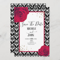 Red Black & White damask save the date
