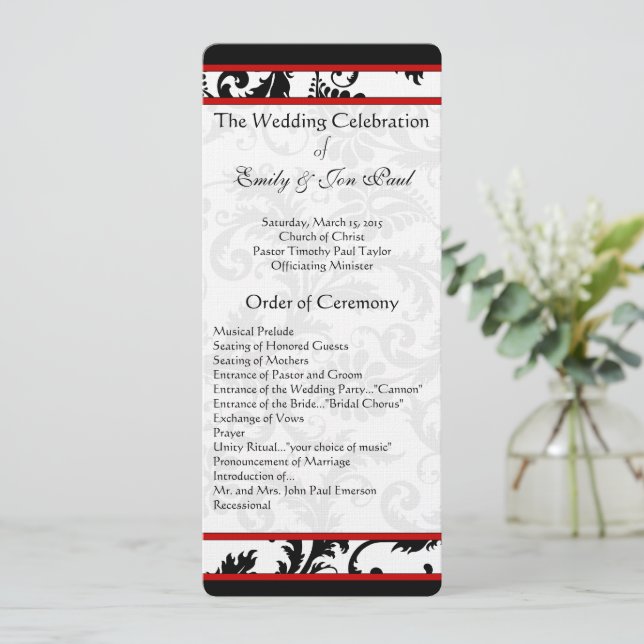 Red Black White Damask Swirl Wedding Programme (Debout devant)