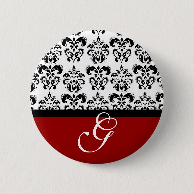 RED BLACK WHITE DAMASK WEDDING MONOGRAM 2 INCH ROUND BUTTON (Front)