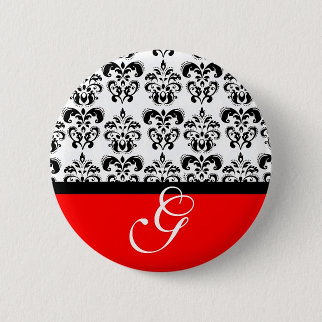 RED BLACK WHITE DAMASK WEDDING MONOGRAM 2 INCH ROUND BUTTON (Front)