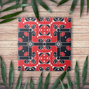 Red Black White Elegant Classy Modern Folk Ethnic Tile