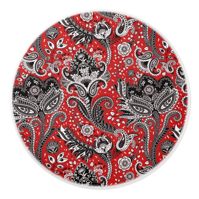 Red Black & White Floral Paisley Bohemian Boho Ceramic Knob (Front)