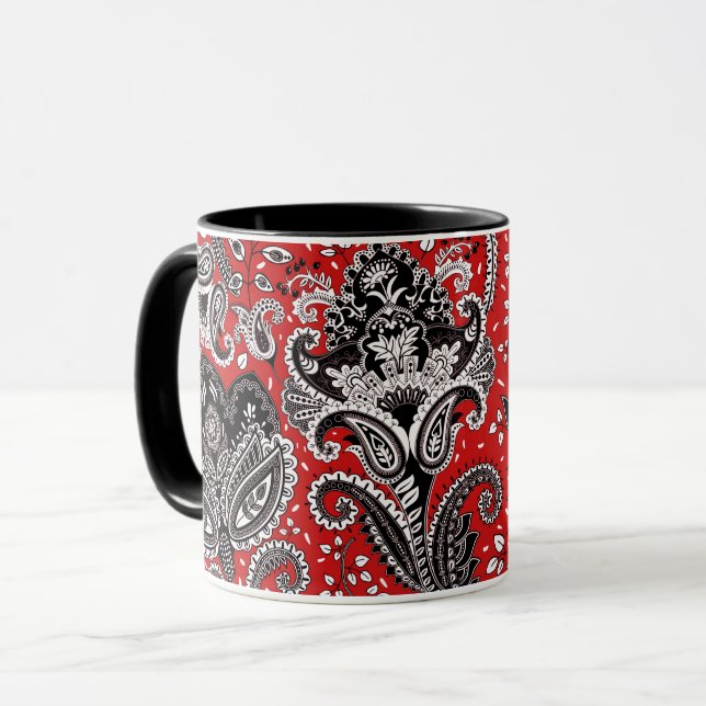 Red Black & White Floral Paisley Bohemian Boho Mug (Front Left)