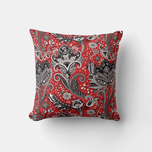 Red Black & White Floral Paisley Bohemian Boho Throw Pillow (Front)