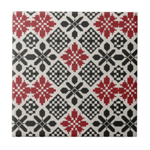 Red Black White Geometric Folk Ceramic Tile Boho