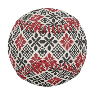 Red Black White Geometric Folk Pattern Baseball