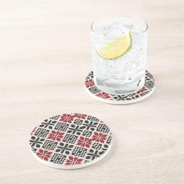 Red Black White Geometric Folk Pattern Coaster (Side)