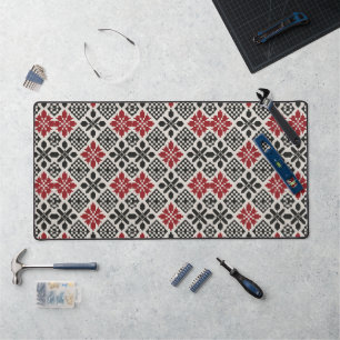 Red Black White Geometric Folk Pattern Desk Mat