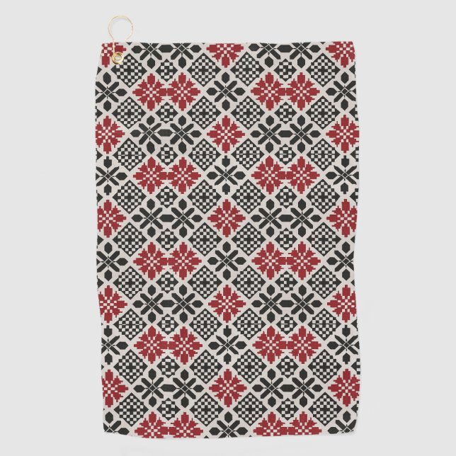 Red Black White Geometric Folk Pattern Golf Towel (Front)